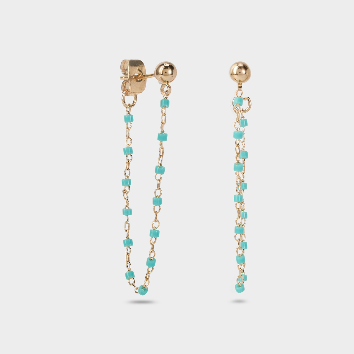 Boucles d'oreilles Mahos devant derrière vert d'eau plaqué or