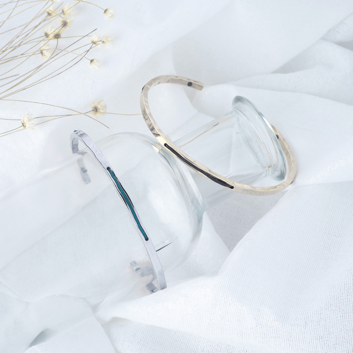 Jonc droit martele et fil argent massif et plaqué or