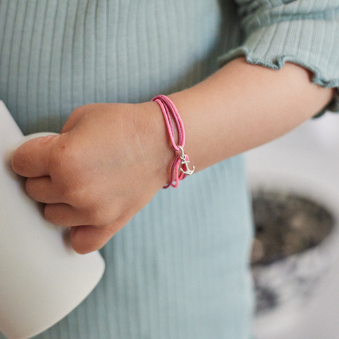 Bracelet gris-gris mini ancre sur double lien coton argent