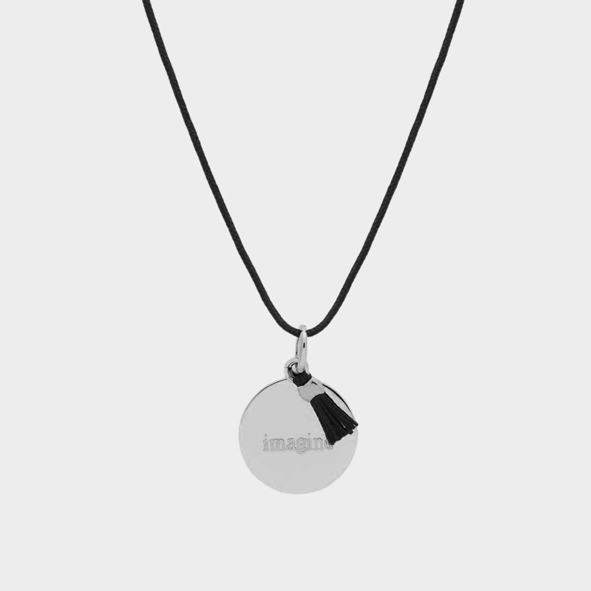 Collier petite médaille et pompon sur lien coton argent