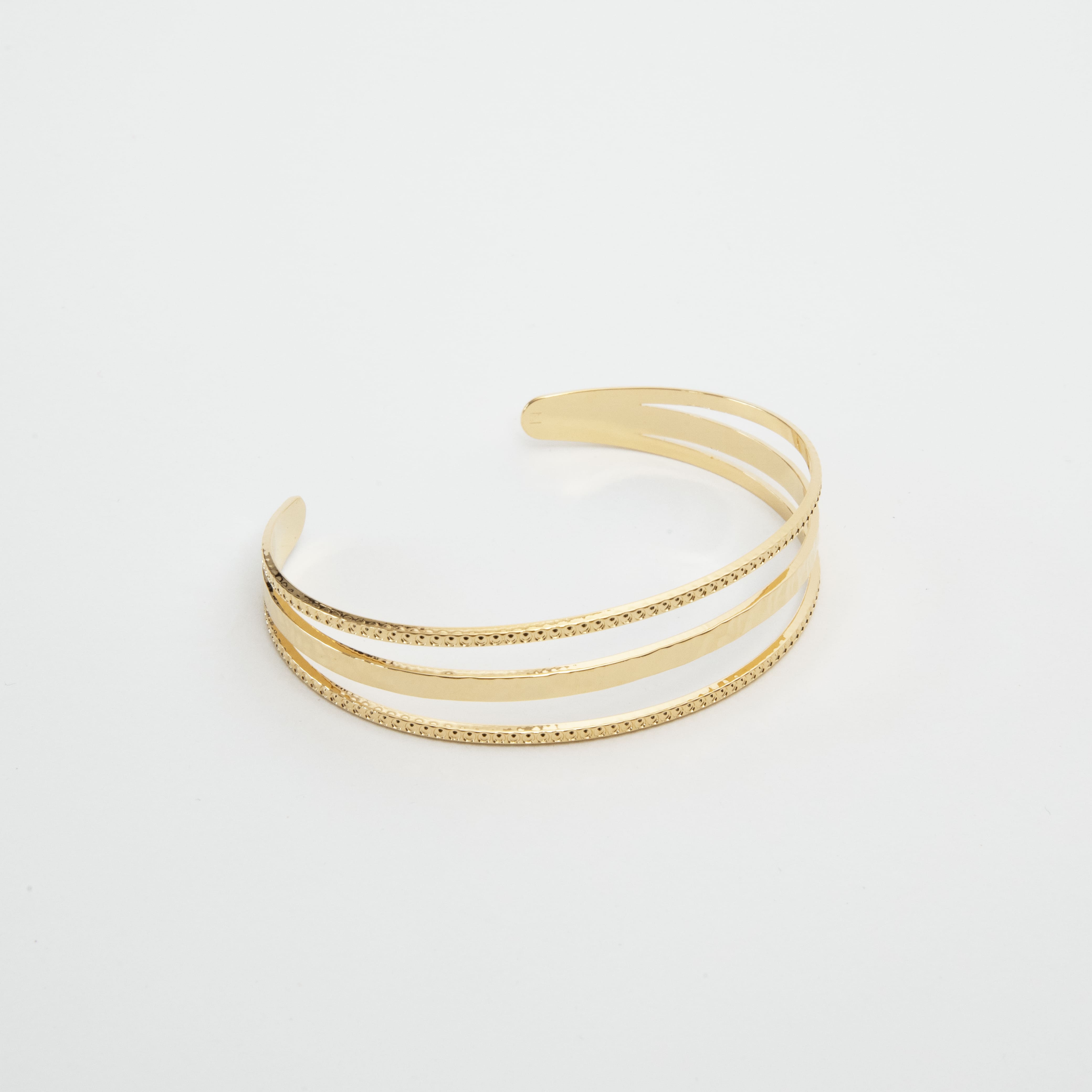 Jonc 3 rangs perlés et martelés plaqué or