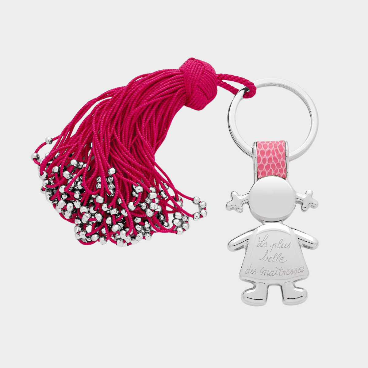 Porte-clés pompon et petite fille cuir et acier