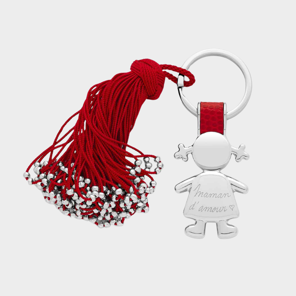 Porte-clés pompon et petite fille cuir et acier