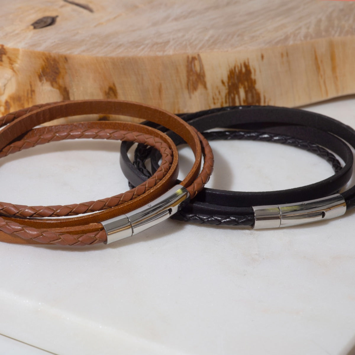 Bracelet Le Tressé en cuir véritable camel et noir pour homme