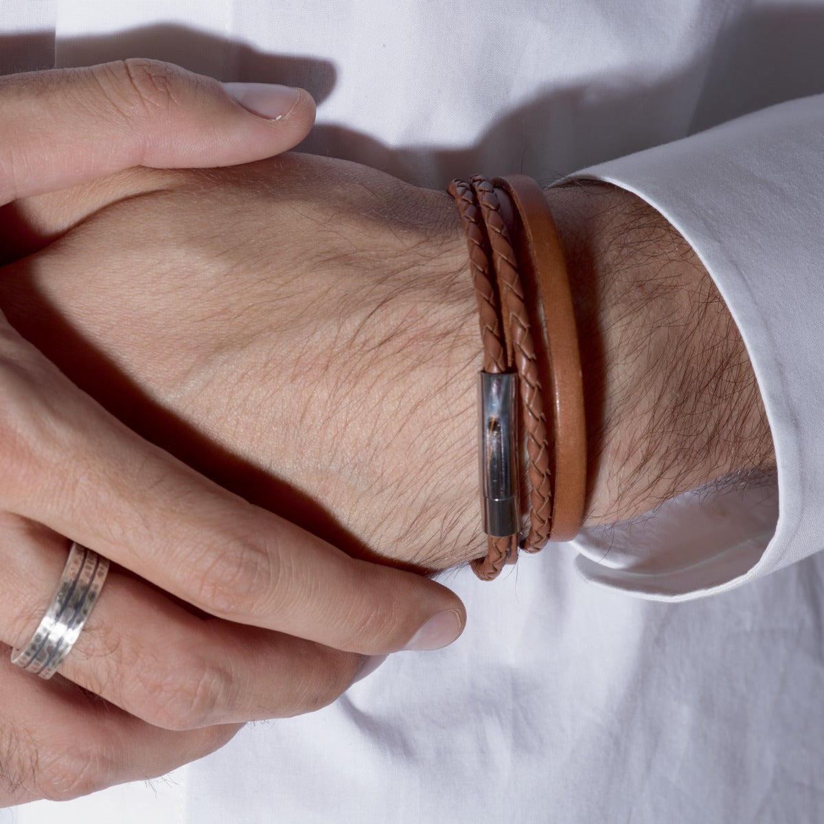 Bracelet Le Tressé en cuir véritable camel pour homme