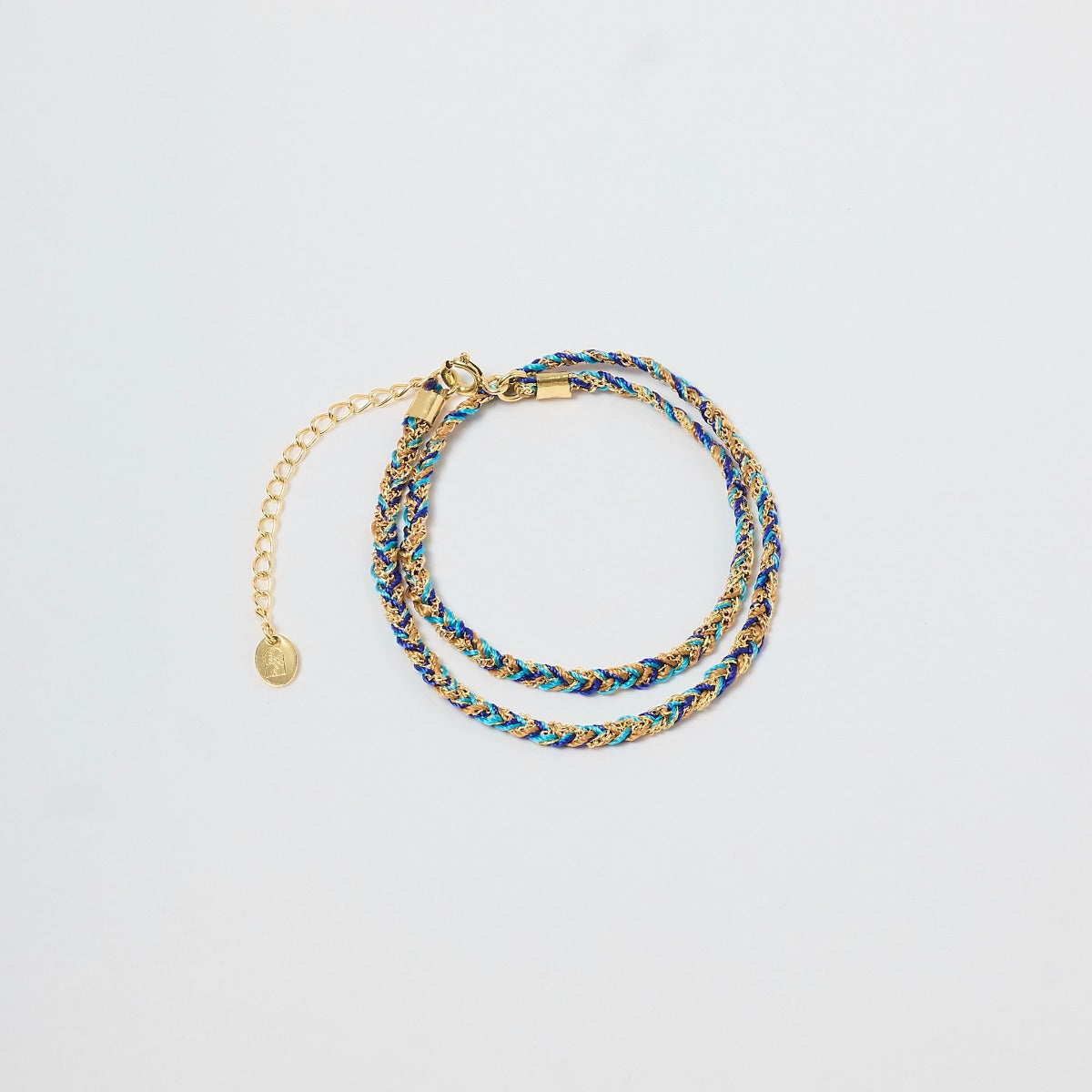 Bracelet chaîne tressée bleu trio de fils double tour plaqué Or
