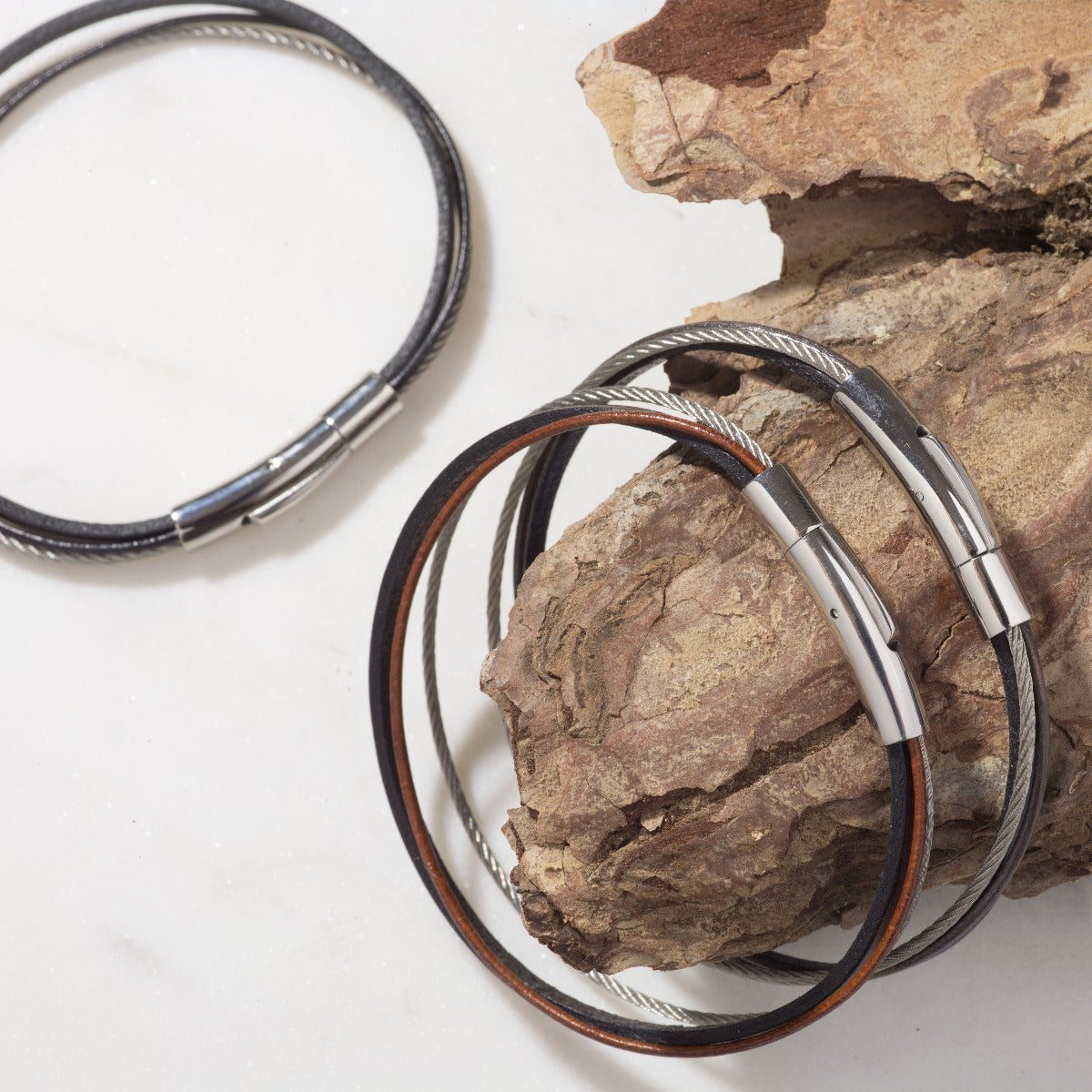 Bracelet homme trio câble & cuir bleu
