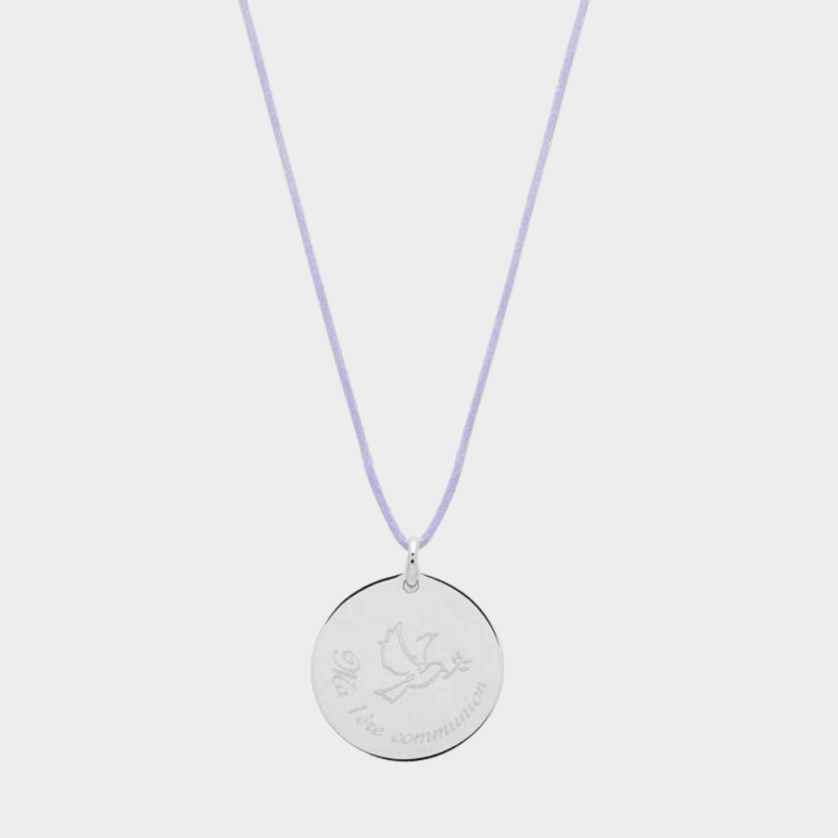 Collier grande médaille colombe et prénom sur lien satin argent