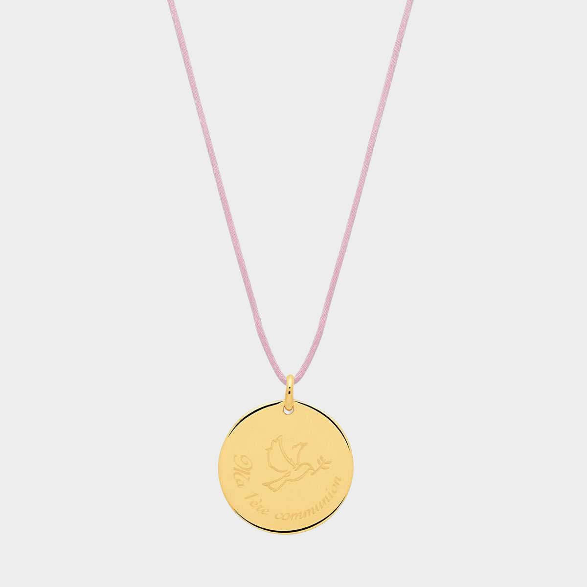 Collier grande médaille colombe et prénom sur lien satin plaqué or