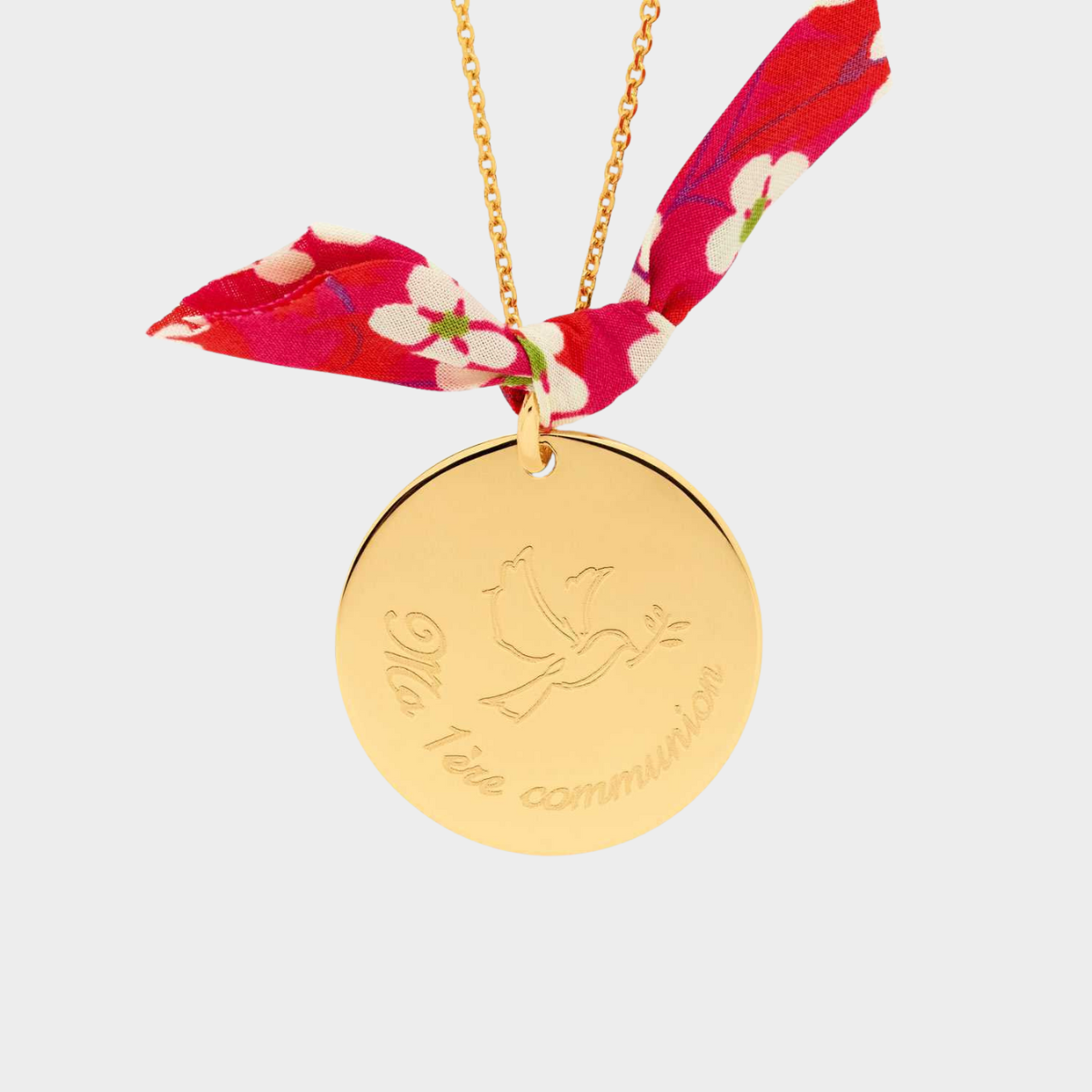 Collier grande médaille colombe et prénom sur chaîne plaqué or