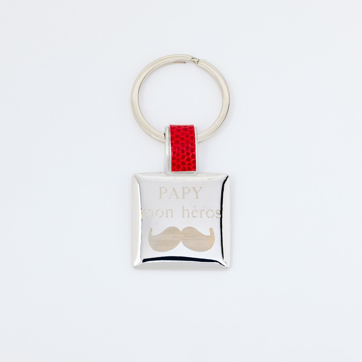 Porte clé acier et cuir carré Rouge
