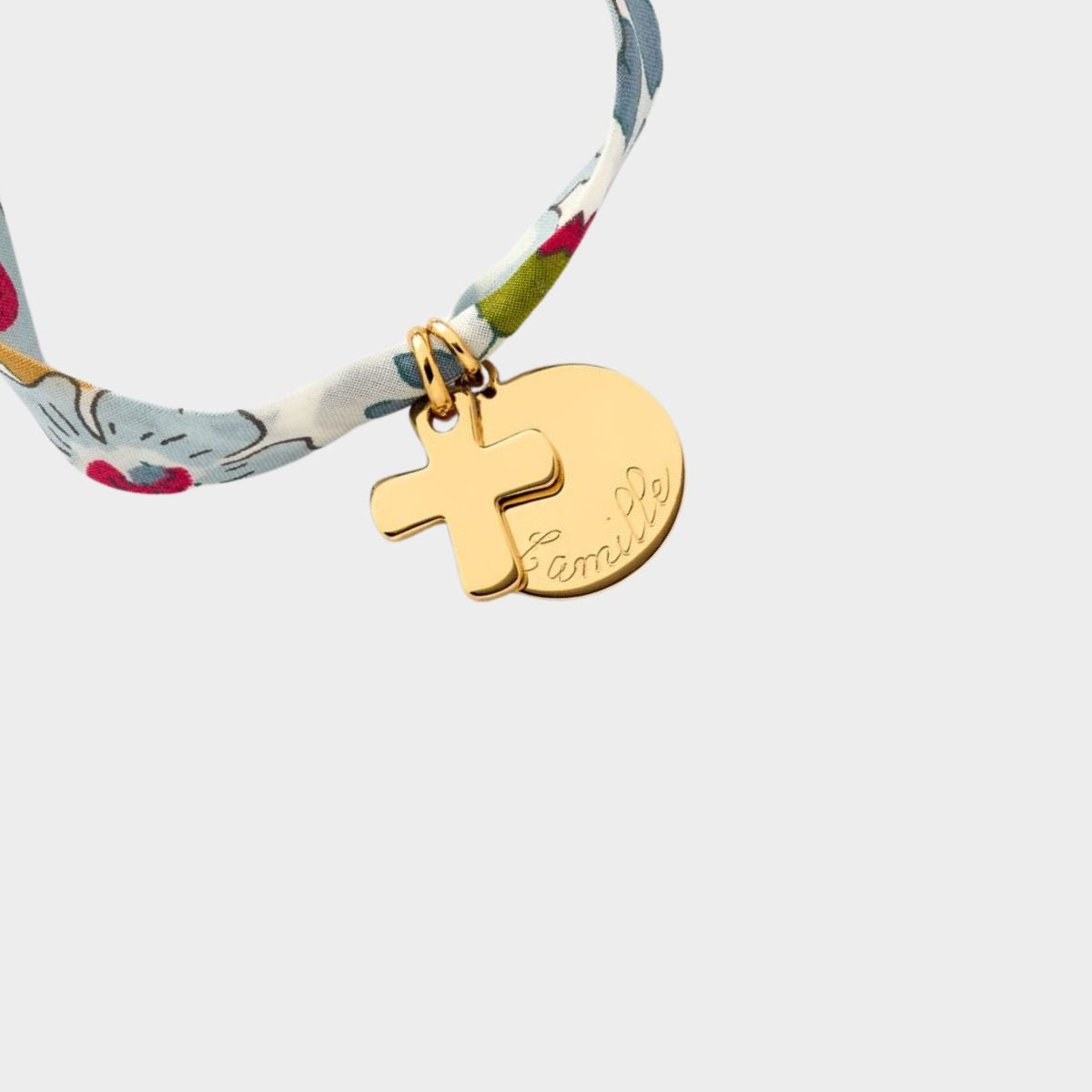 Bracelet petite médaille plate et mini croix sur lien liberty plaqué or