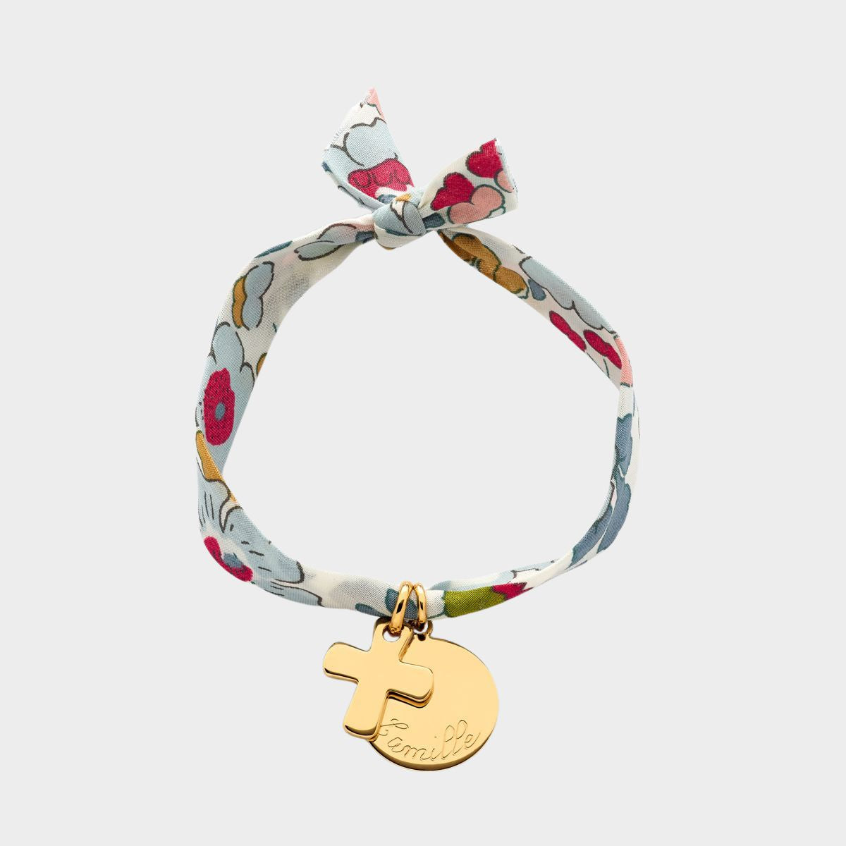 Bracelet petite médaille plate et mini croix sur lien liberty plaqué or