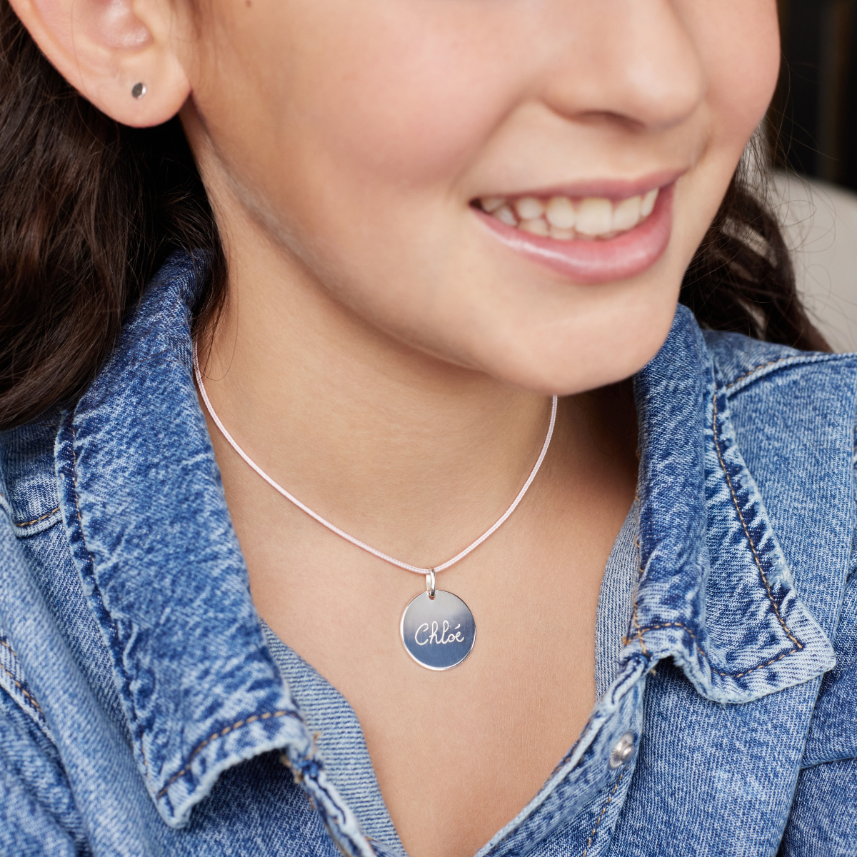 Collier 1 breloque sur lien coton argent
